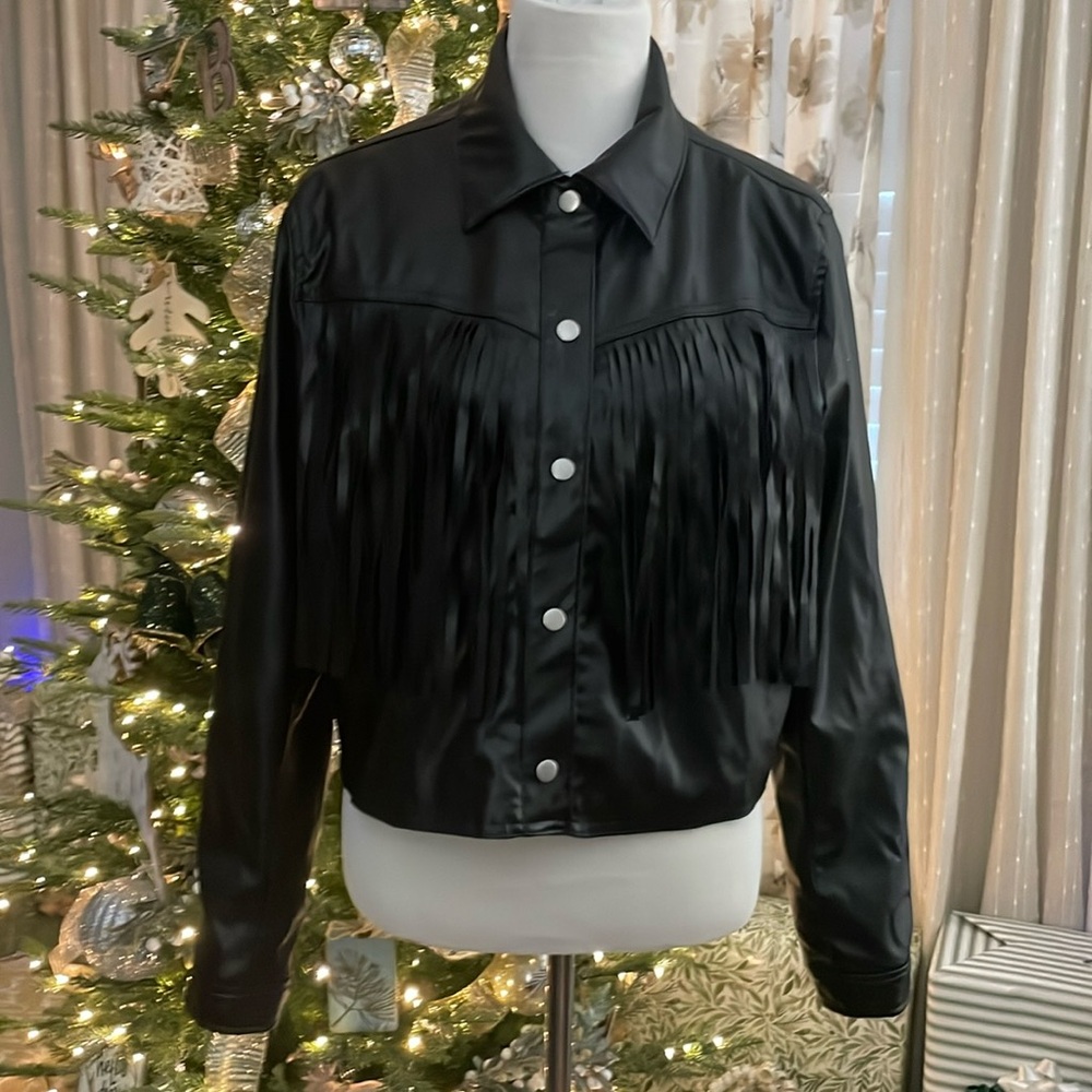 NWOT No Boundaries Faux Leather Fringe Jacket Women’s Juniors Size XL